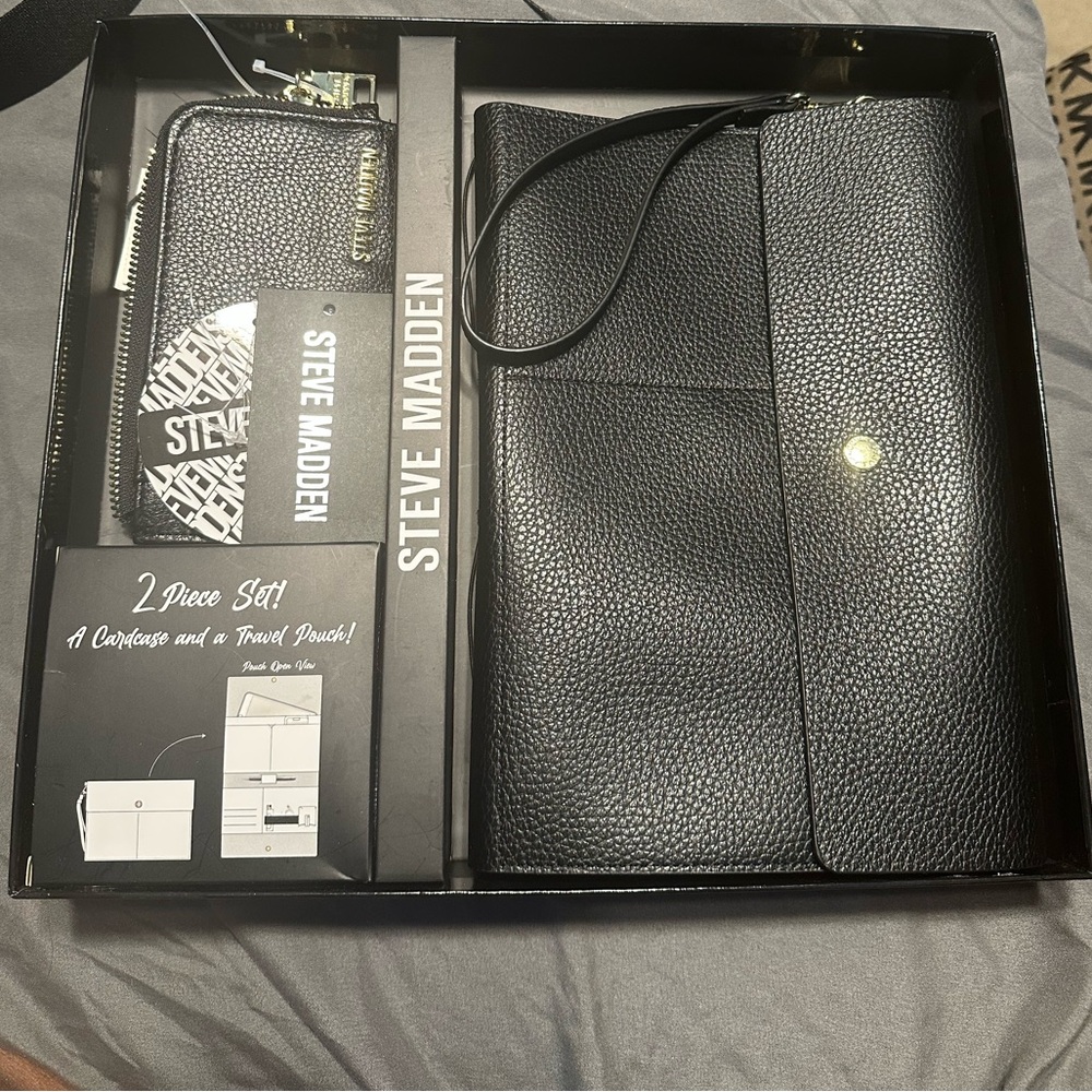 Steve Madden Black Textured Clutch and Pouch Set
